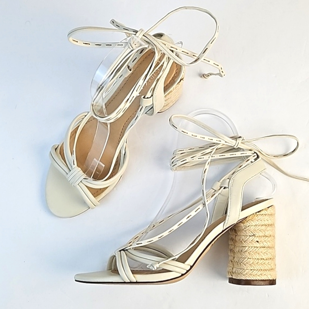 Gibson Latimer Tasha Sheep Leather Cream Open Toe Ankle Wrap Block Heel Sandal - Picture 11 of 16